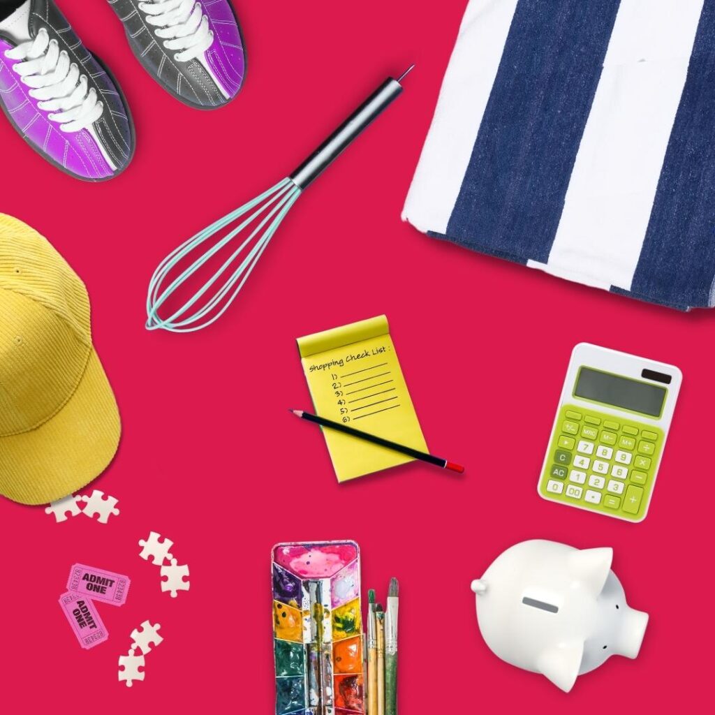 a table with items on it including a hat, puzzle pieces, paint and paintbrush, calculator, shopping list, whisk, bowling shoes and beach towel