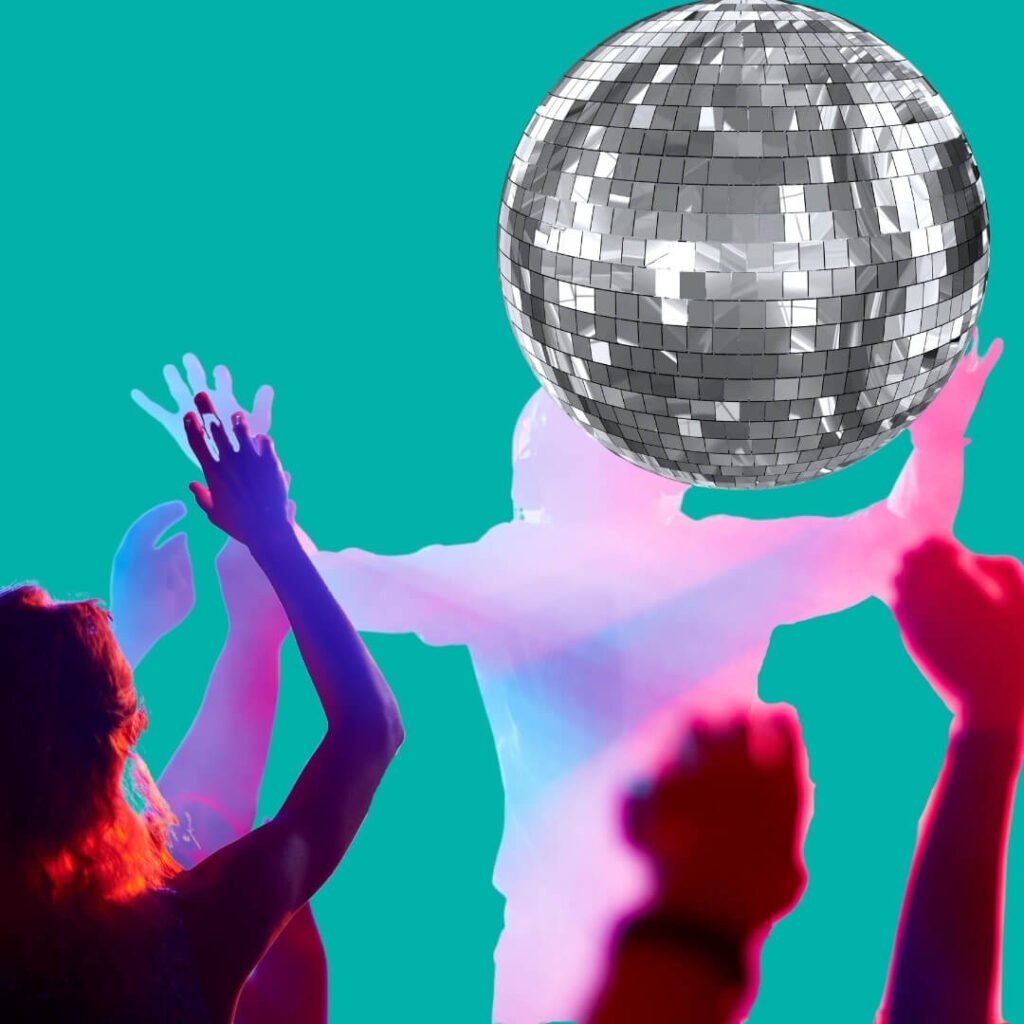 Group of people dancing under a disco ball