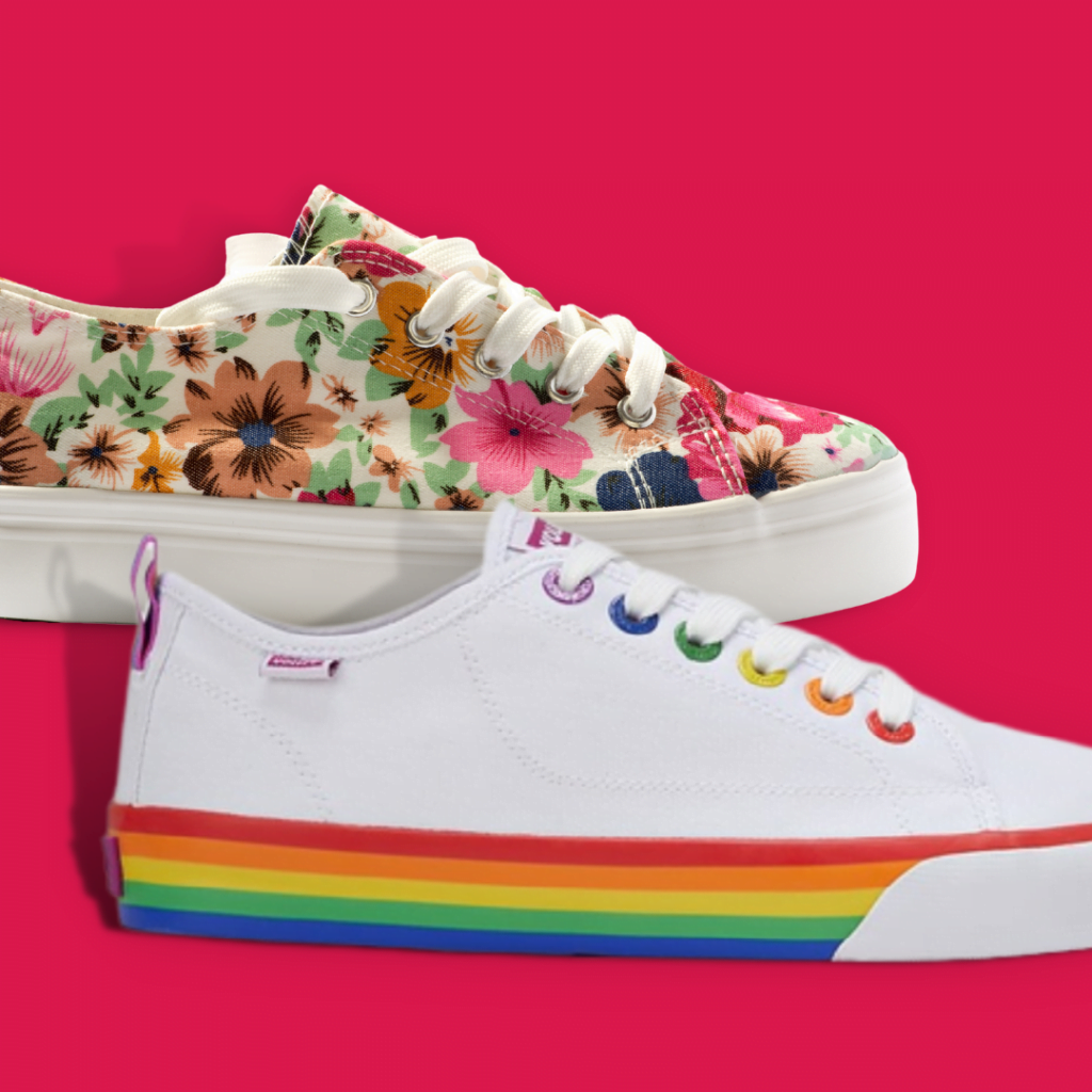 Two sneaker shoes side by side walking forwards