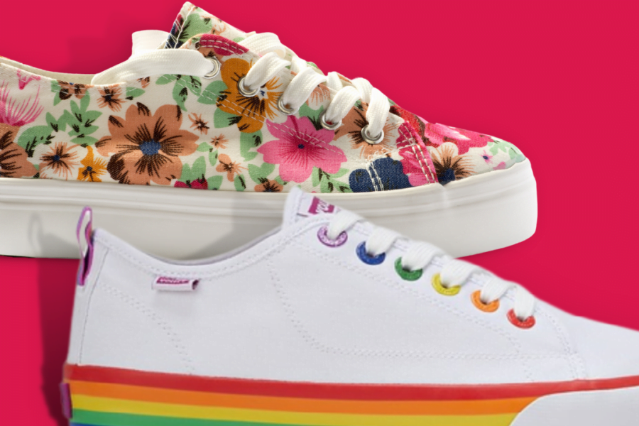 Two sneaker shoes side by side walking forwards