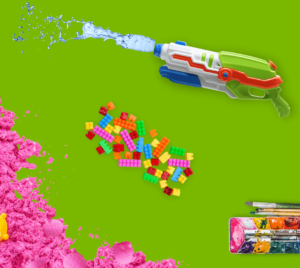 Water gun, lego, paint brush and paint palette